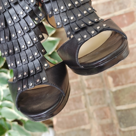 JIMMY CHOO BLACK LEATHER STUDDED FRINGE PLATFORM SANDALS, 39 - Picture 15 of 16